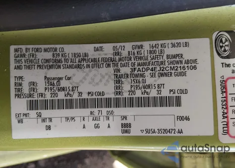 2012 Ford Fiesta Se from USA, damaged, VIN 3FADP4EJ2CM216106